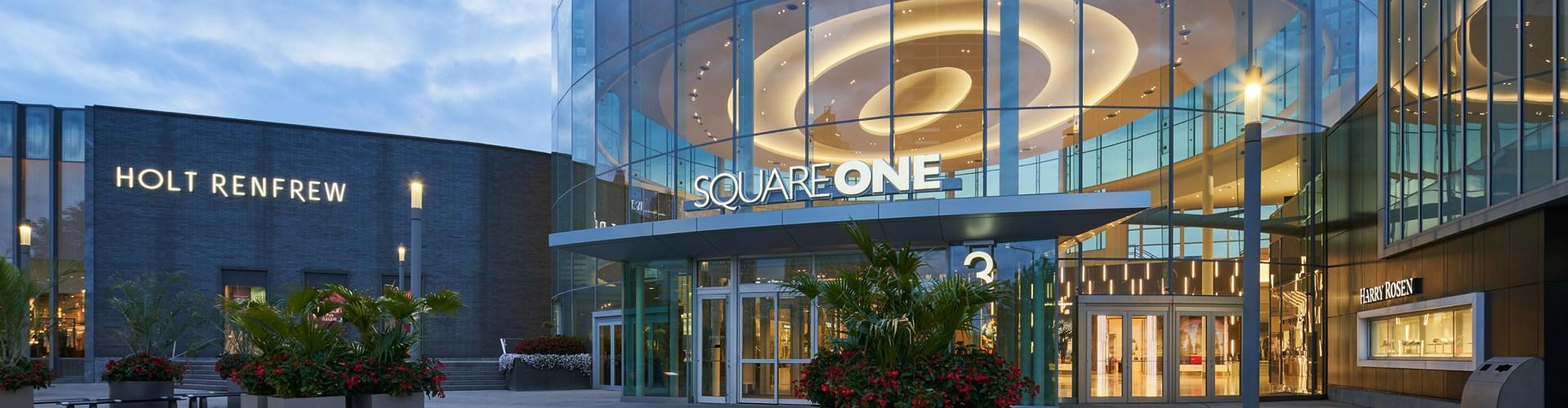 Square One Shopping Centre entrance with Holt Renfrew and retail storefronts in Mississauga