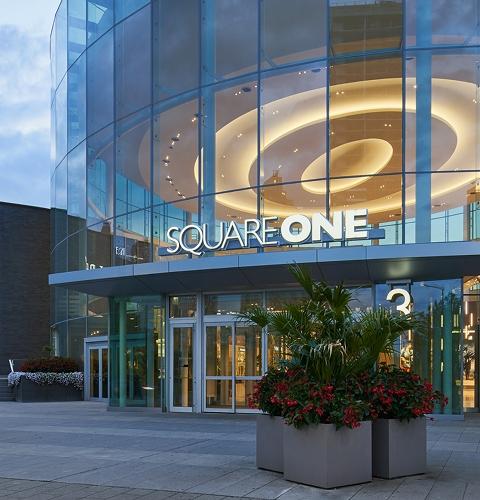 Square One Shopping Centre entrance with Holt Renfrew and retail storefronts in Mississauga