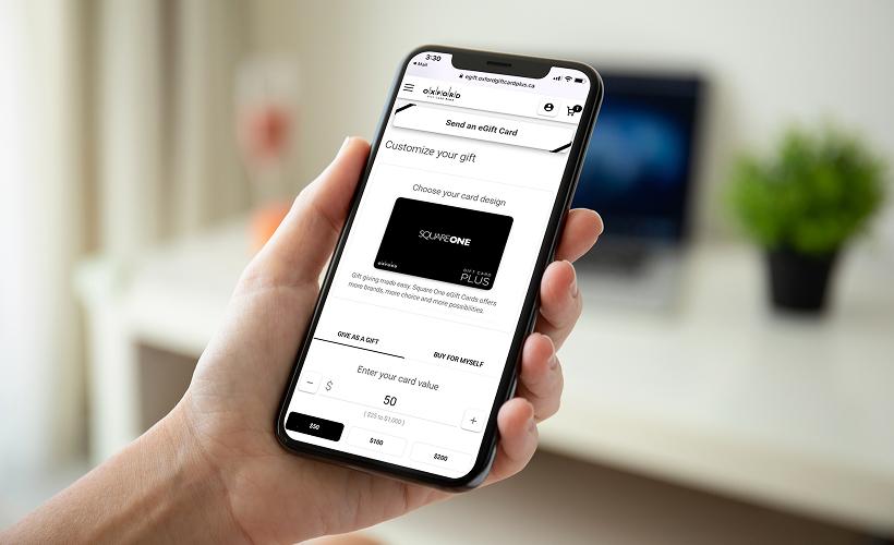 Person using a phone to buy a Square One eGift card for instant gifting by email or text