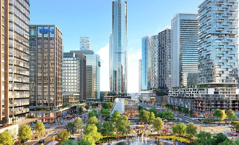 High-rise buildings with green public areas supporting community living in an evolving district