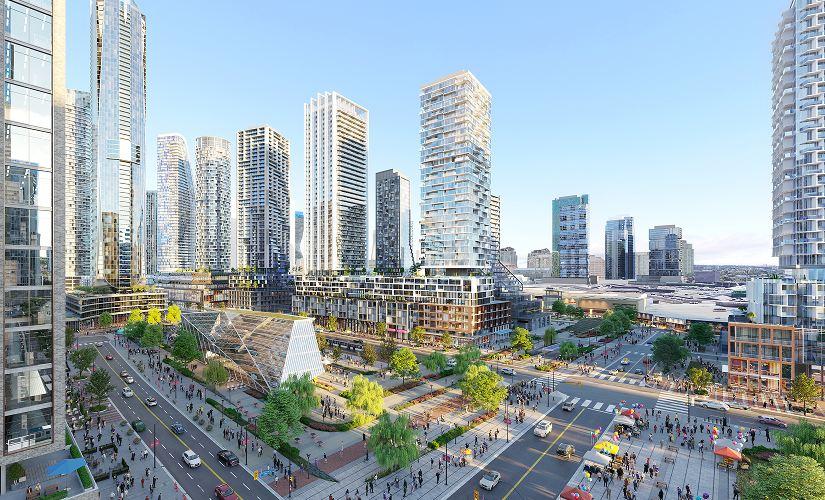 Modern mixed-use development with residential towers, walkable streets, and public spaces