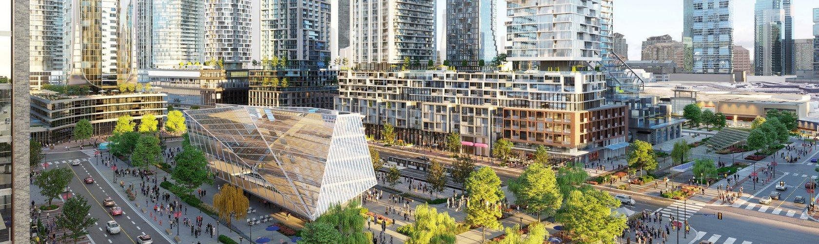 Future vision of an urban district with modern towers, landscaped green spaces, and vibrant streets