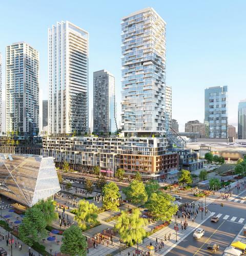 Modern mixed-use district showcasing urban living with green spaces and walkable areas