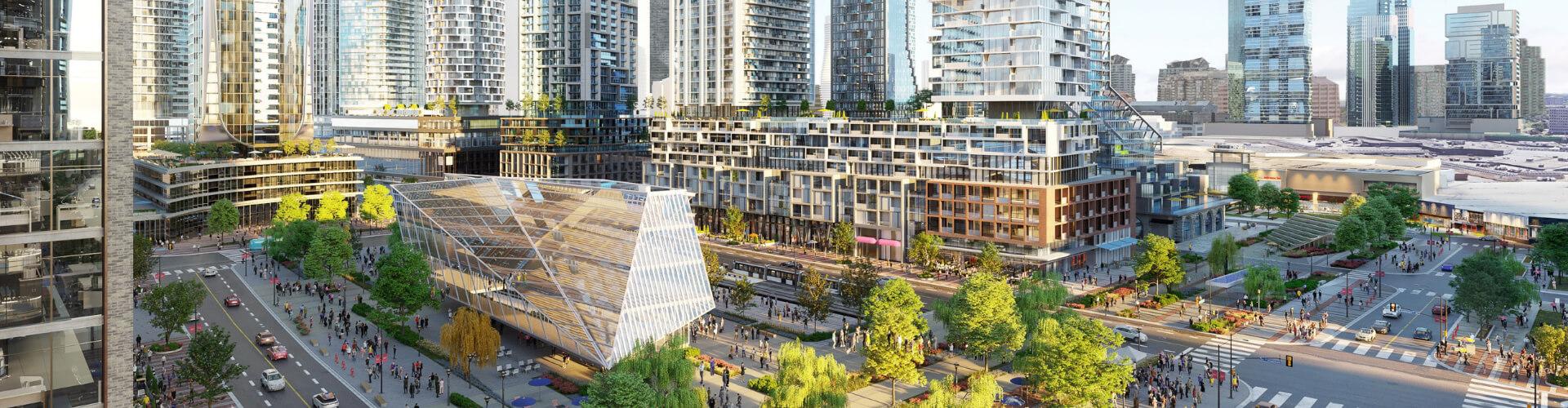 Modern mixed-use district showcasing urban living with green spaces and walkable areas