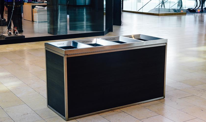 Multi-stream recycling station inside the shopping centre encouraging responsible waste sorting